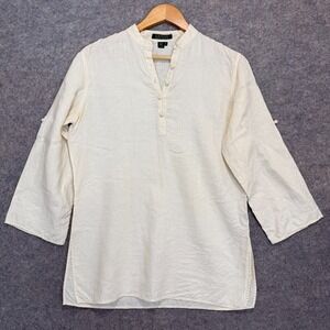 Lauren Ralph Lauren 100% Linen Tunic Top Henley Shirt Womens Medium Cream Button